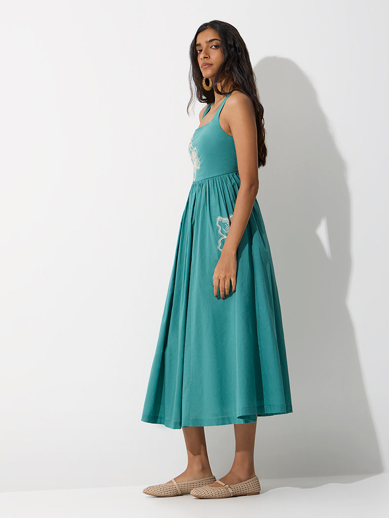 Bombay Paisley Teal Floral Embroidered Cotton A-Line Dress