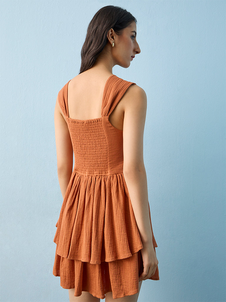 Bombay Paisley Rust Floral Embroidered Cotton Tiered Dress