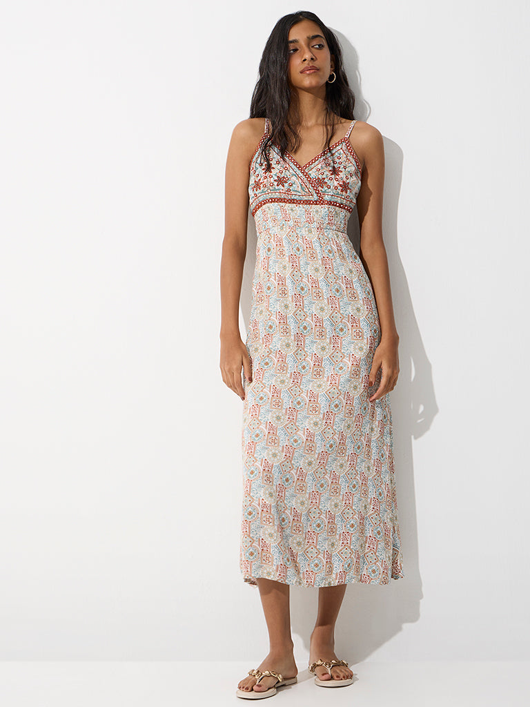 Bombay Paisley Blue and Brown Printed A-Line Dress