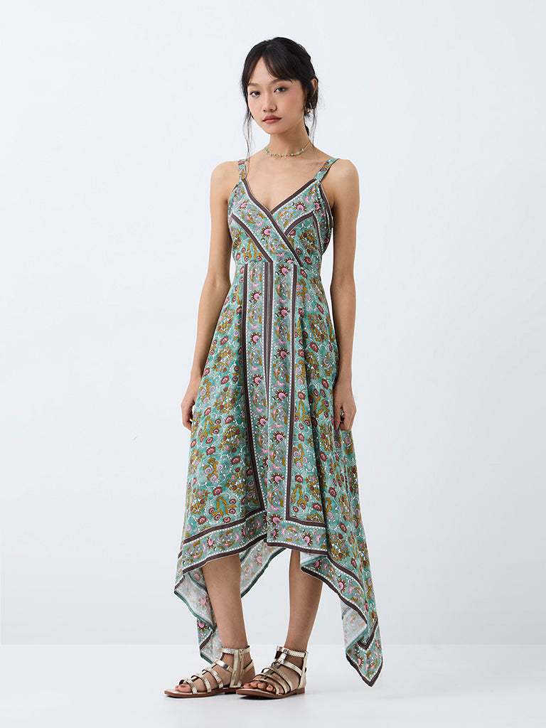 Bombay Paisley Teal Floral Printed Asymmetrical Dress