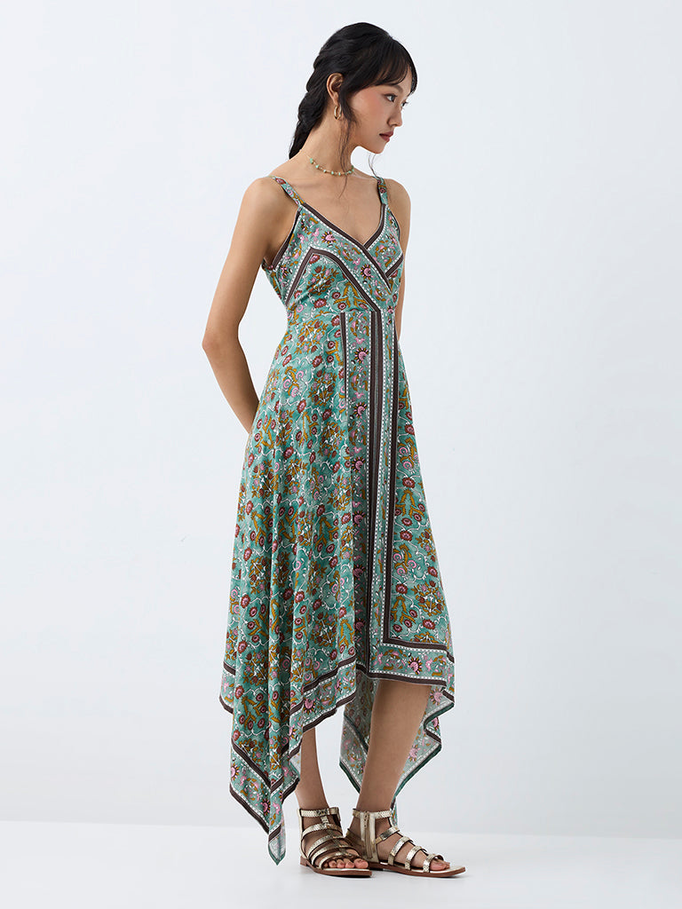 Bombay Paisley Teal Floral Printed Asymmetrical Dress