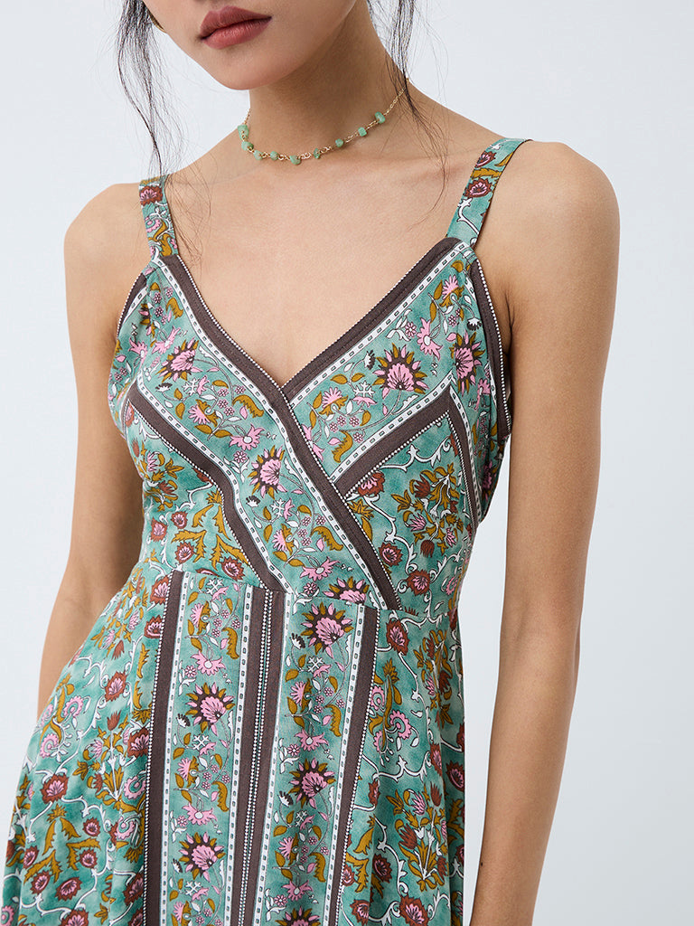 Bombay Paisley Teal Floral Printed Asymmetrical Dress