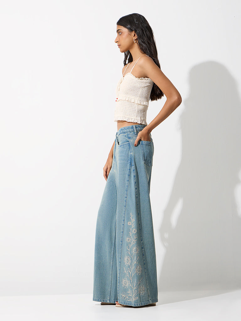 Bombay Paisley Light Blue Floral-Embroidered High-Rise Jeans