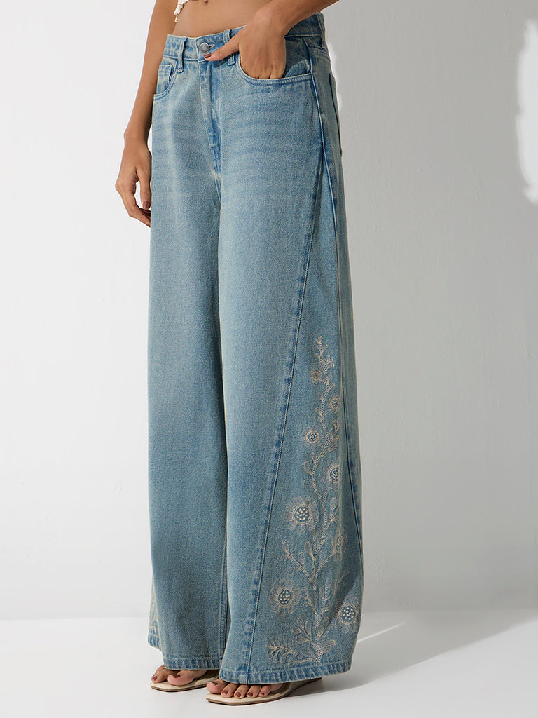 Bombay Paisley Light Blue Floral-Embroidered High-Rise Jeans