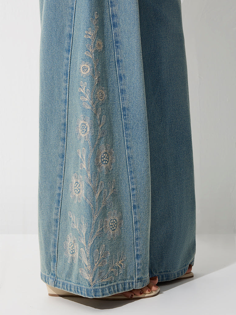 Bombay Paisley Light Blue Floral-Embroidered High-Rise Jeans