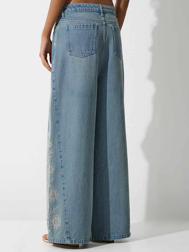 Bombay Paisley Light Blue Floral-Embroidered High-Rise Jeans