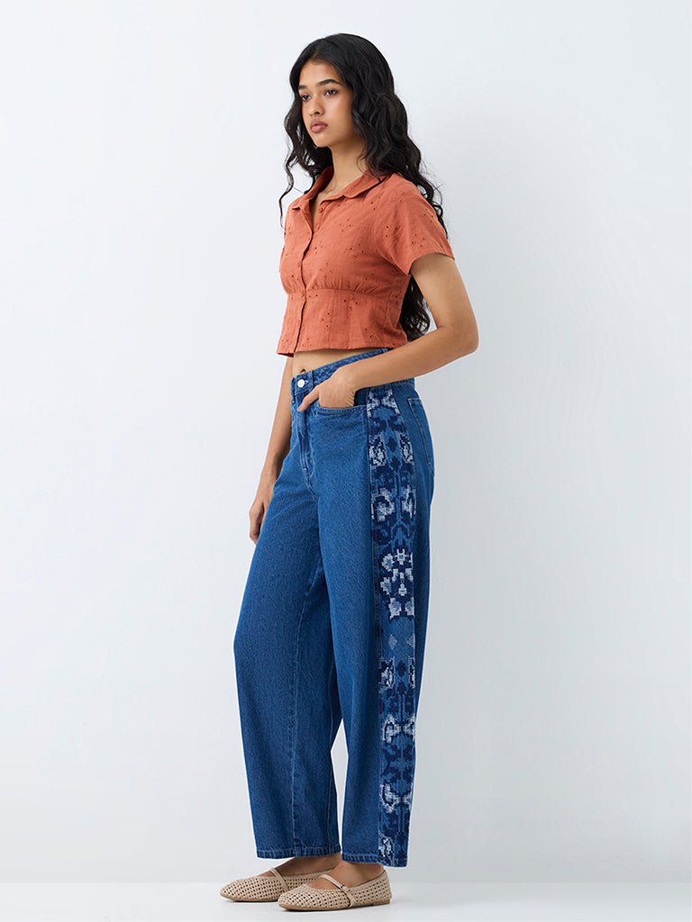 Bombay Paisley Blue-Wash High-Waist Flared Fit Jeans With Embroidery