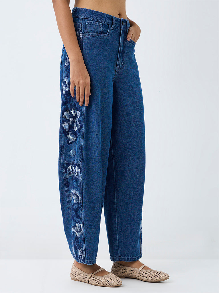 Bombay Paisley Blue-Wash High-Waist Flared Fit Jeans With Embroidery