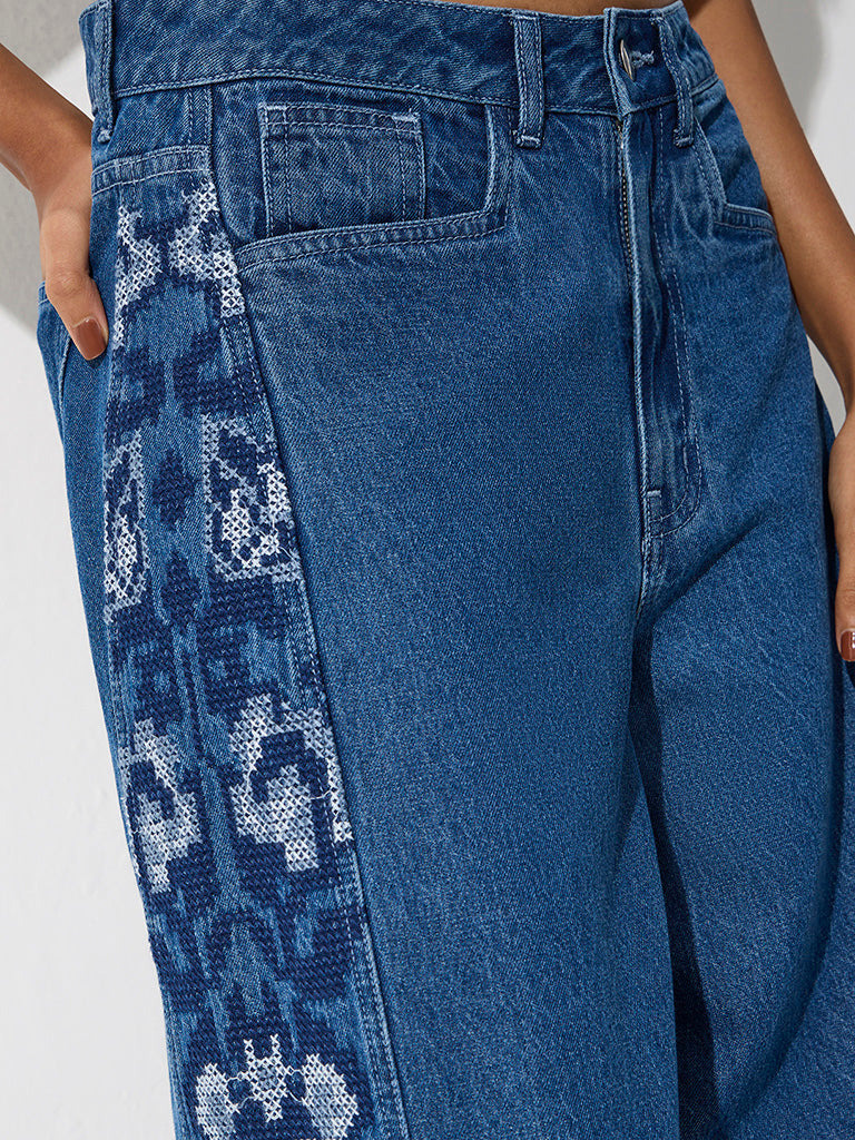 Bombay Paisley Blue Floral Embroidered High-Rise Jeans