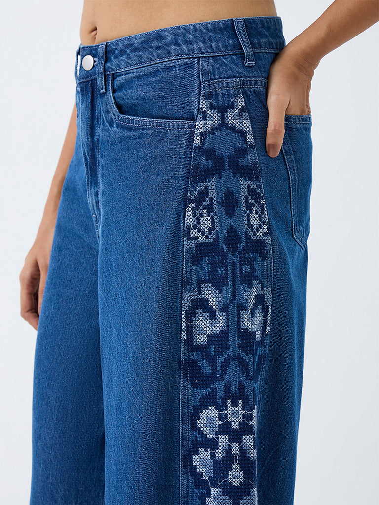Bombay Paisley Blue-Wash High-Waist Flared Fit Jeans With Embroidery