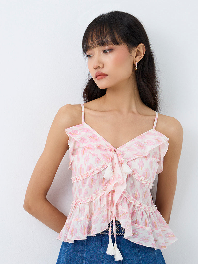 Bombay Paisley Light Pink Printed Ruffled Cotton Top