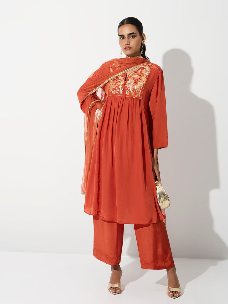 Vark Orange Floral Embroidered Fit-and-Flare Ethnic Set