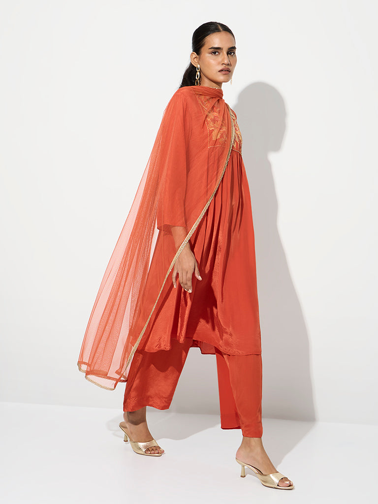 Vark Orange Floral Embroidered Fit-and-Flare Ethnic Set