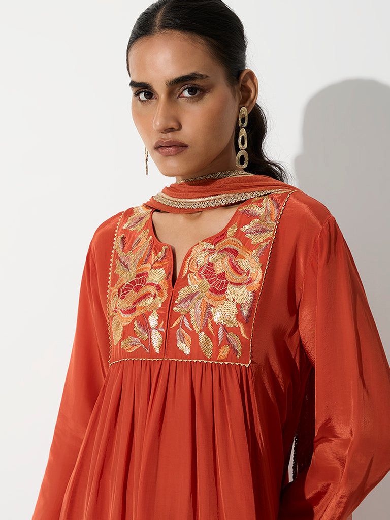 Vark Orange Floral Embroidered Fit-and-Flare Ethnic Set