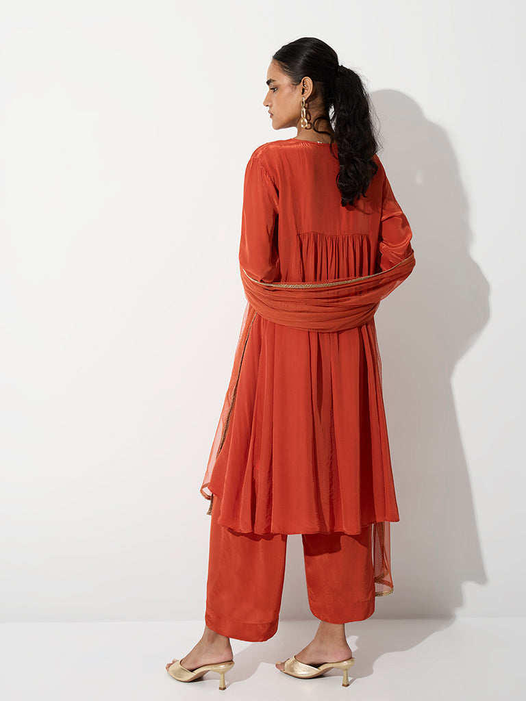 Vark Orange Floral Embroidered Fit-and-Flare Ethnic Set