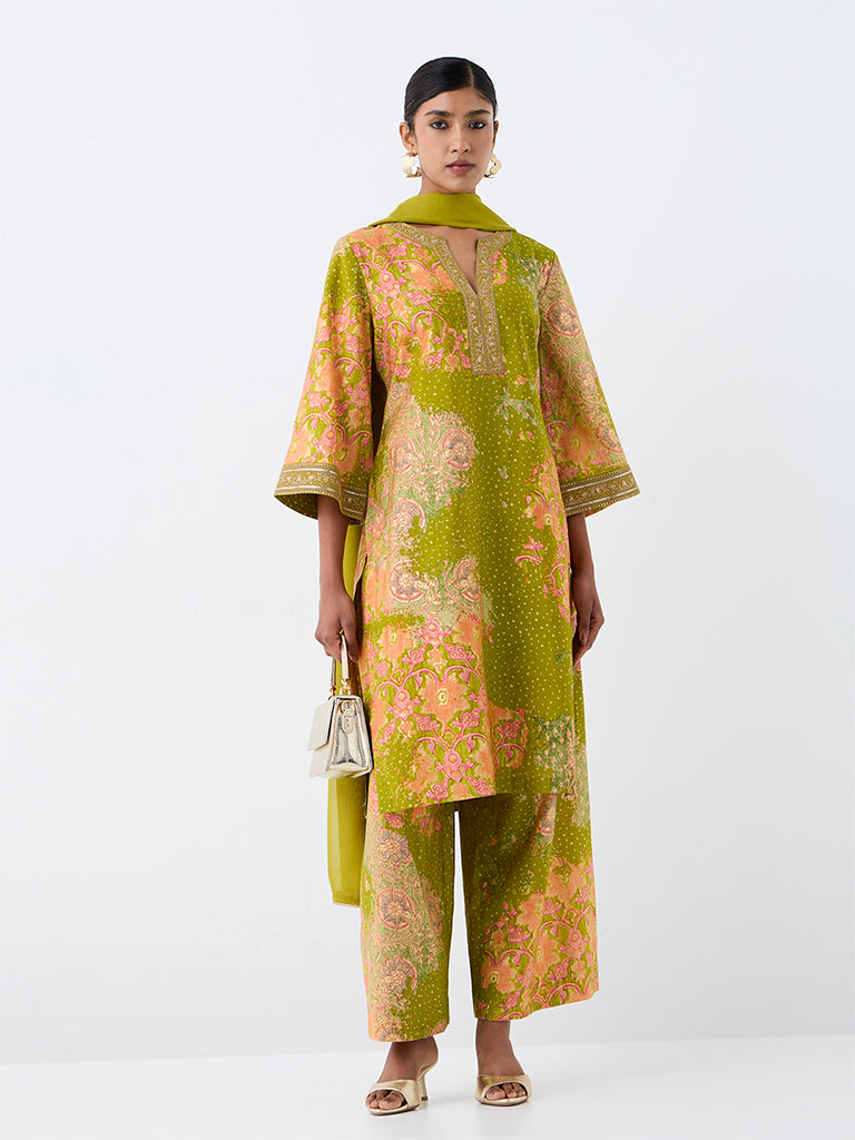 Vark Lime Green Floral Printed Straight Ethnic Set