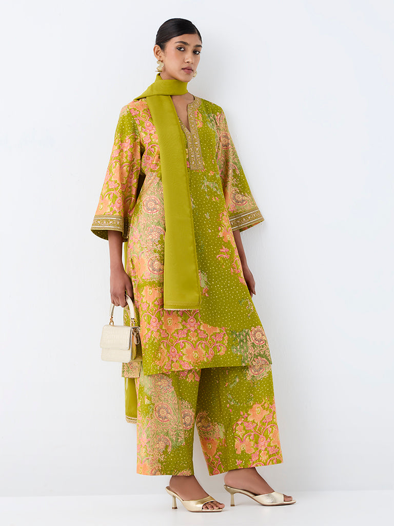 Vark Lime Green Floral Printed Straight Ethnic Set