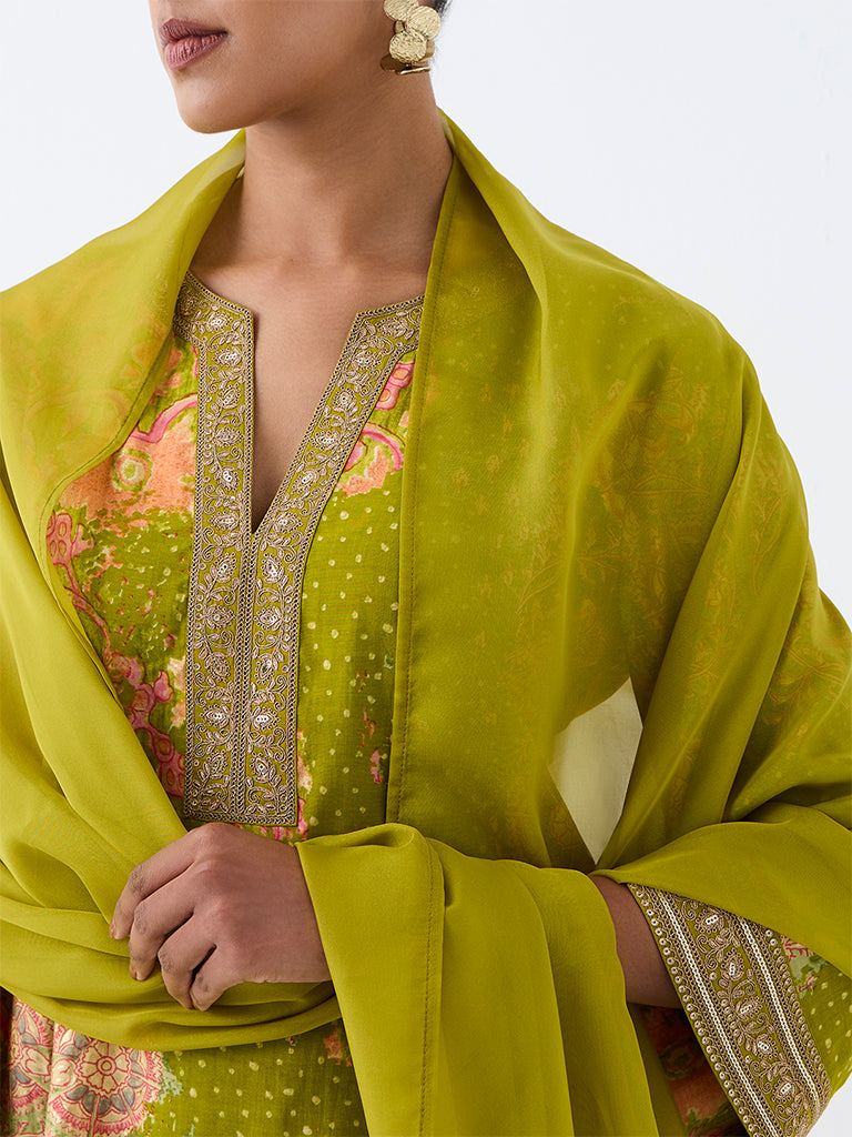 Vark Lime Green Floral Printed Straight Ethnic Set