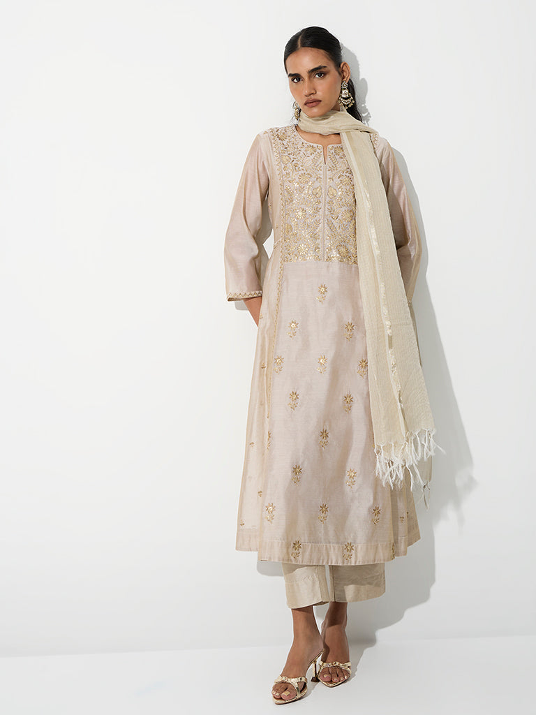 Vark Beige Floral Embroidered A-Line Ethnic Set