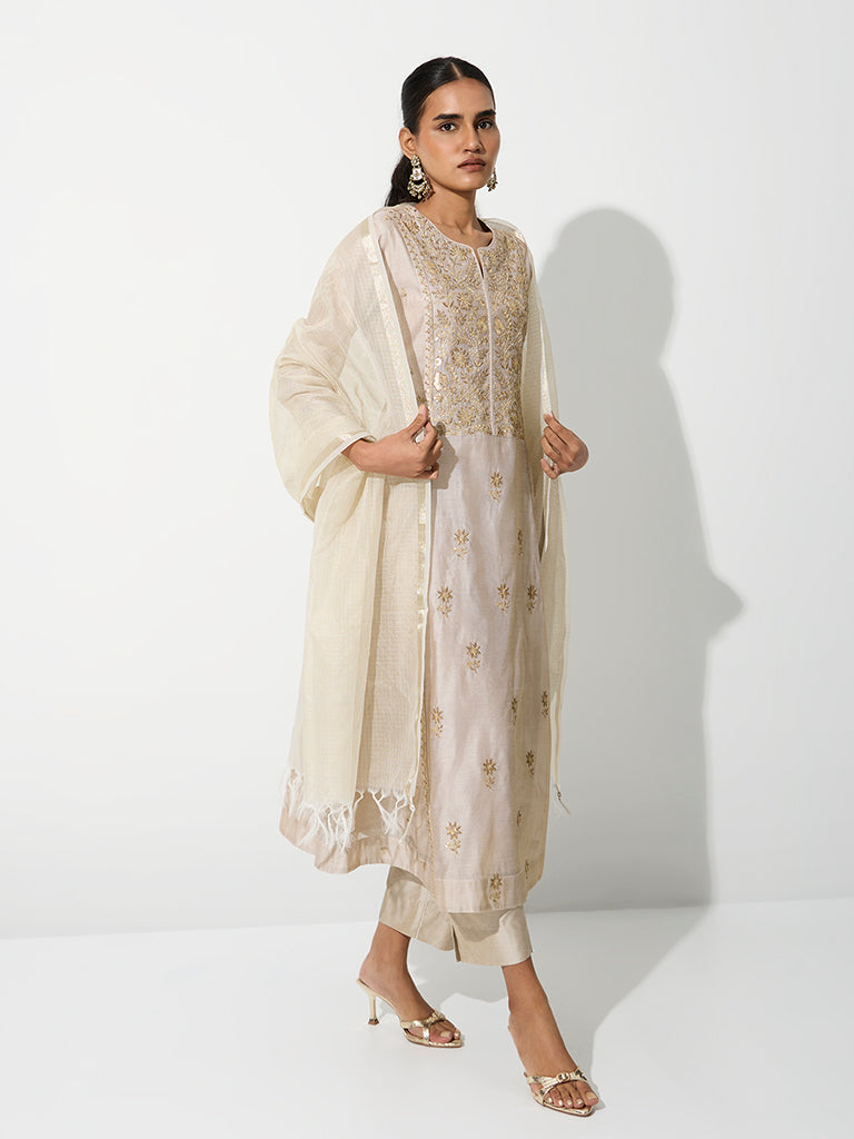 Vark Beige Floral Embroidered A-Line Ethnic Set