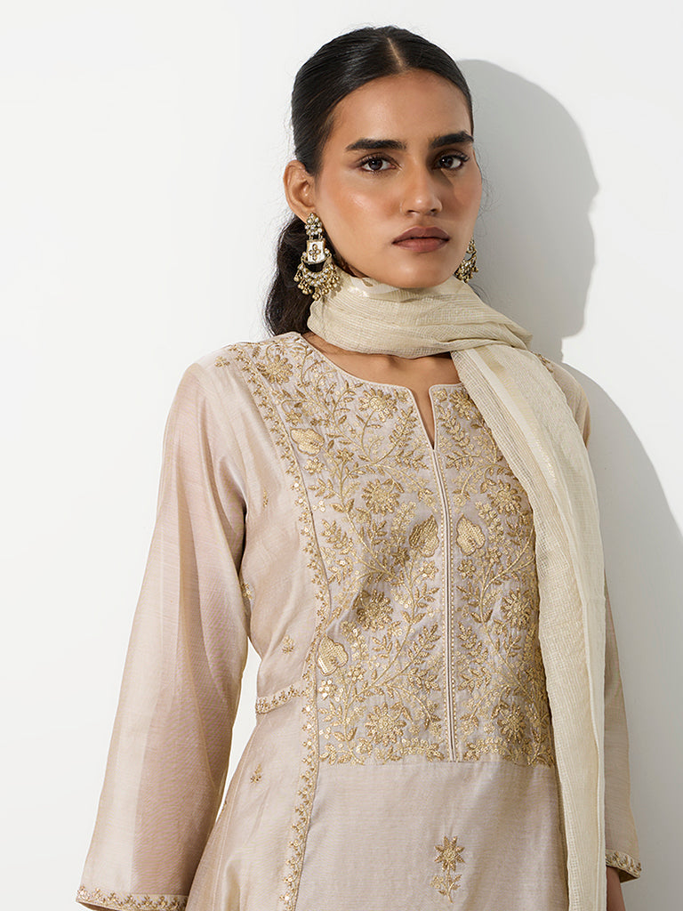 Vark Beige Floral Embroidered A-Line Ethnic Set