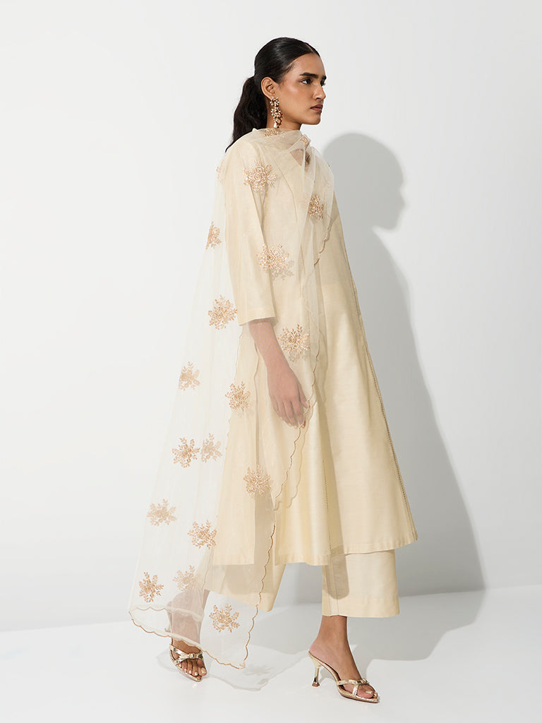 Vark Light Beige Scallop Embroidered A-Line Ethnic Set