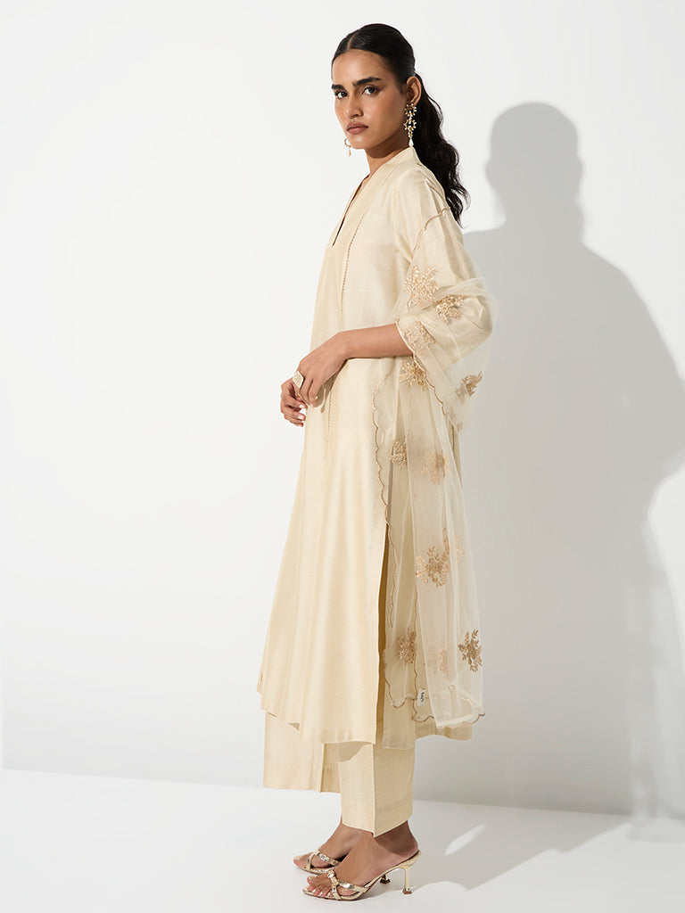 Vark Light Beige Scallop Embroidered A-Line Ethnic Set
