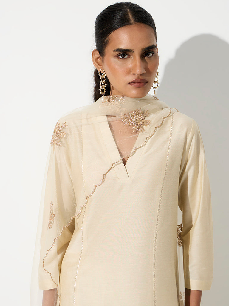 Vark Light Beige Scallop Embroidered A-Line Ethnic Set