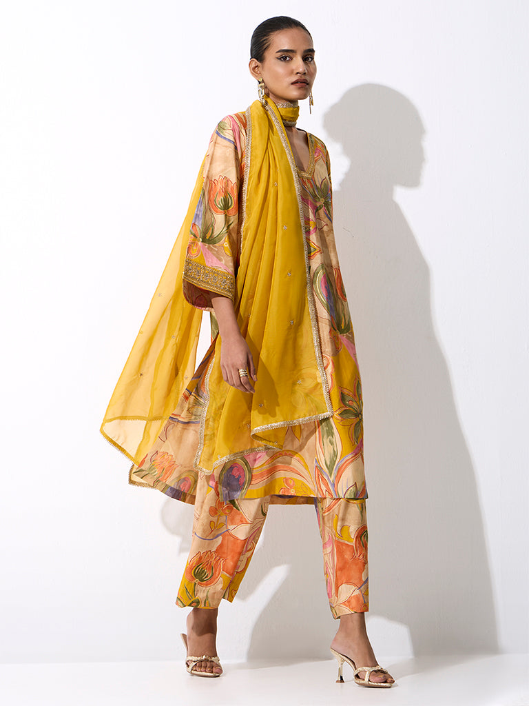 Vark Mustard Floral Printed Straight Ethnic Set