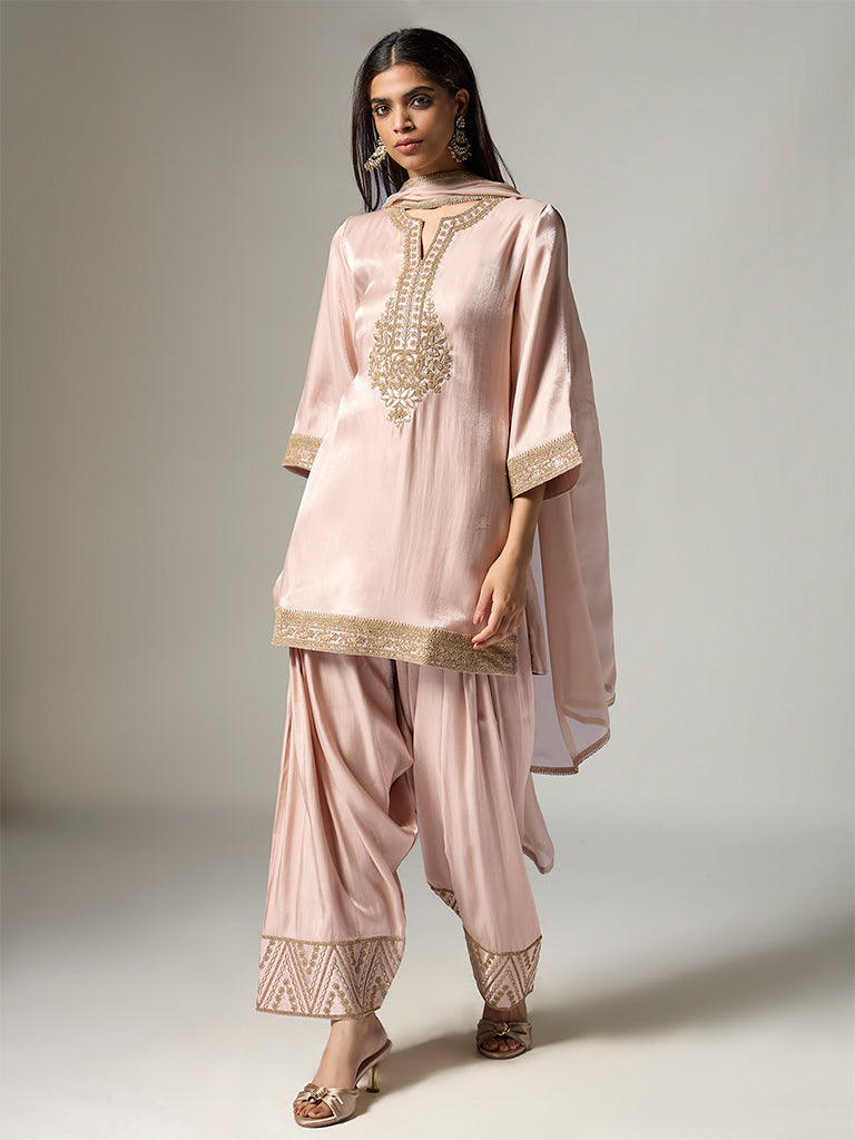 Vark Dusty Peach Floral Embroidered Straight Ethnic Set