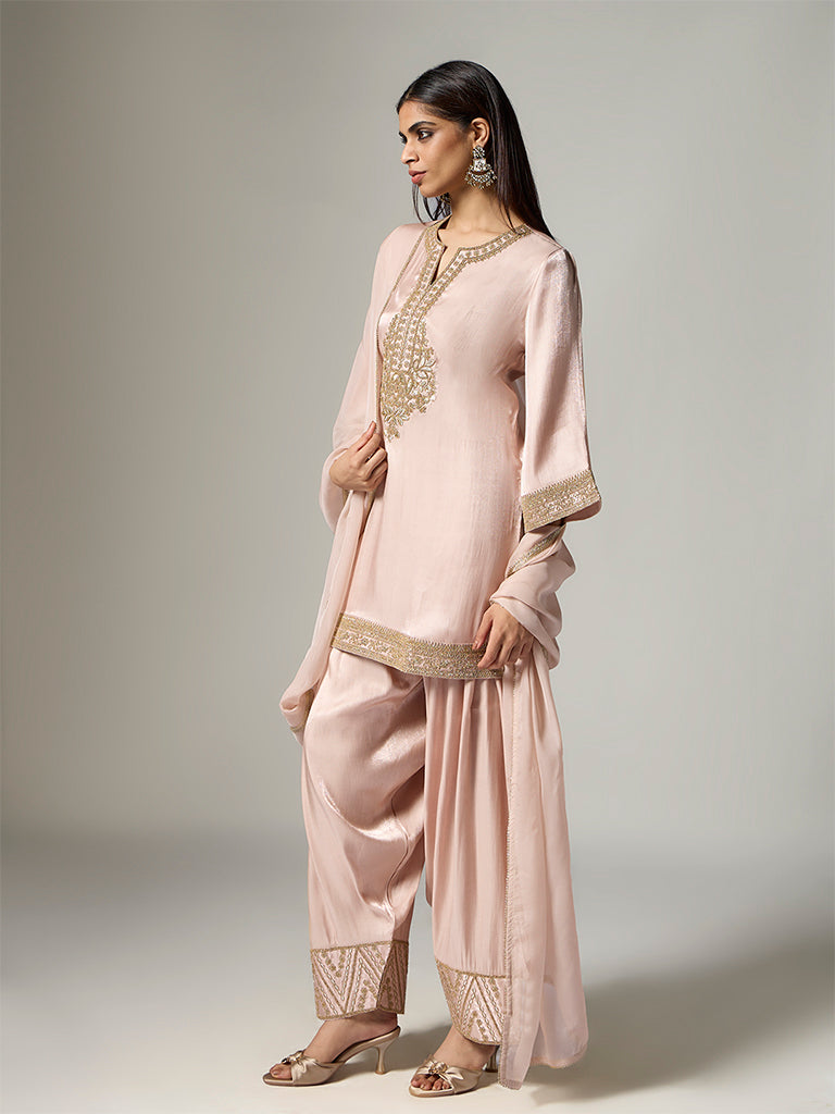 Vark Dusty Peach Floral Embroidered Straight Ethnic Set