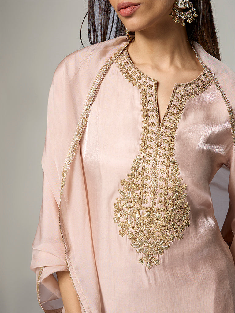 Vark Dusty Peach Floral Embroidered Straight Ethnic Set