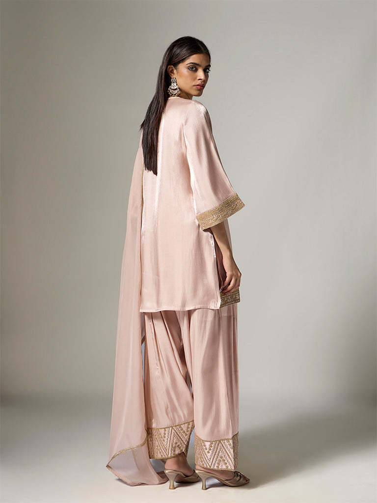 Vark Dusty Peach Floral Embroidered Straight Ethnic Set