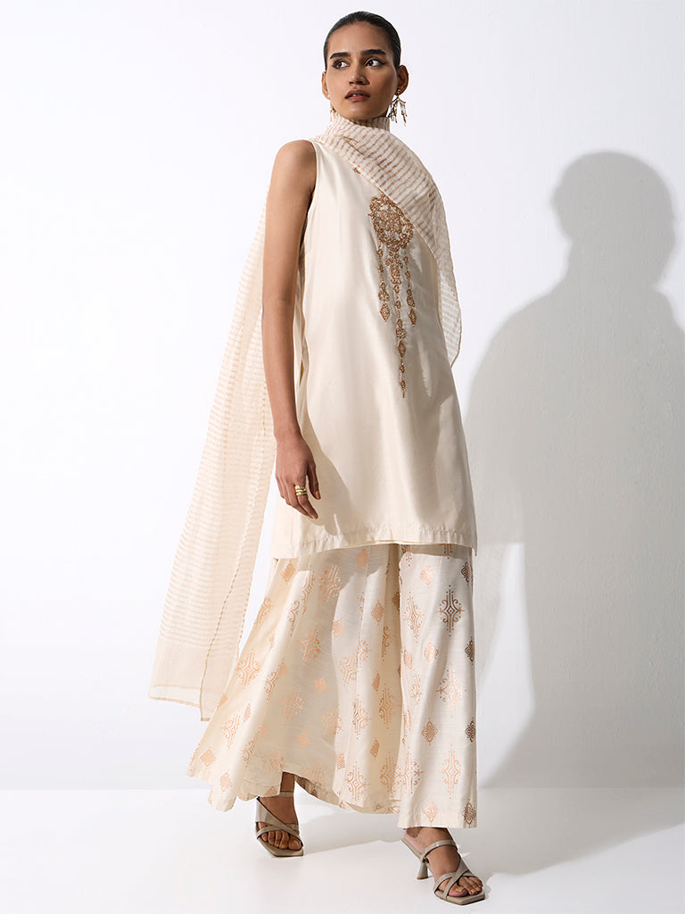 Vark Ivory Embroidered A-Line Ethnic Set