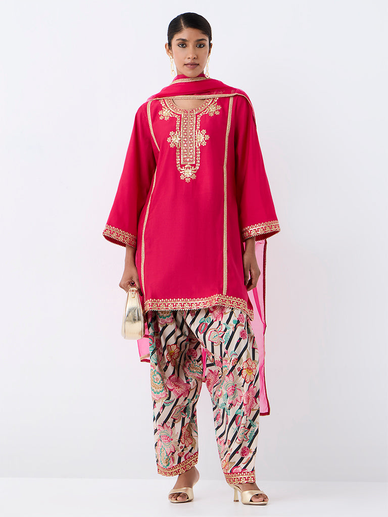 Vark Pink Floral Embroidered A-Line Ethnic Set