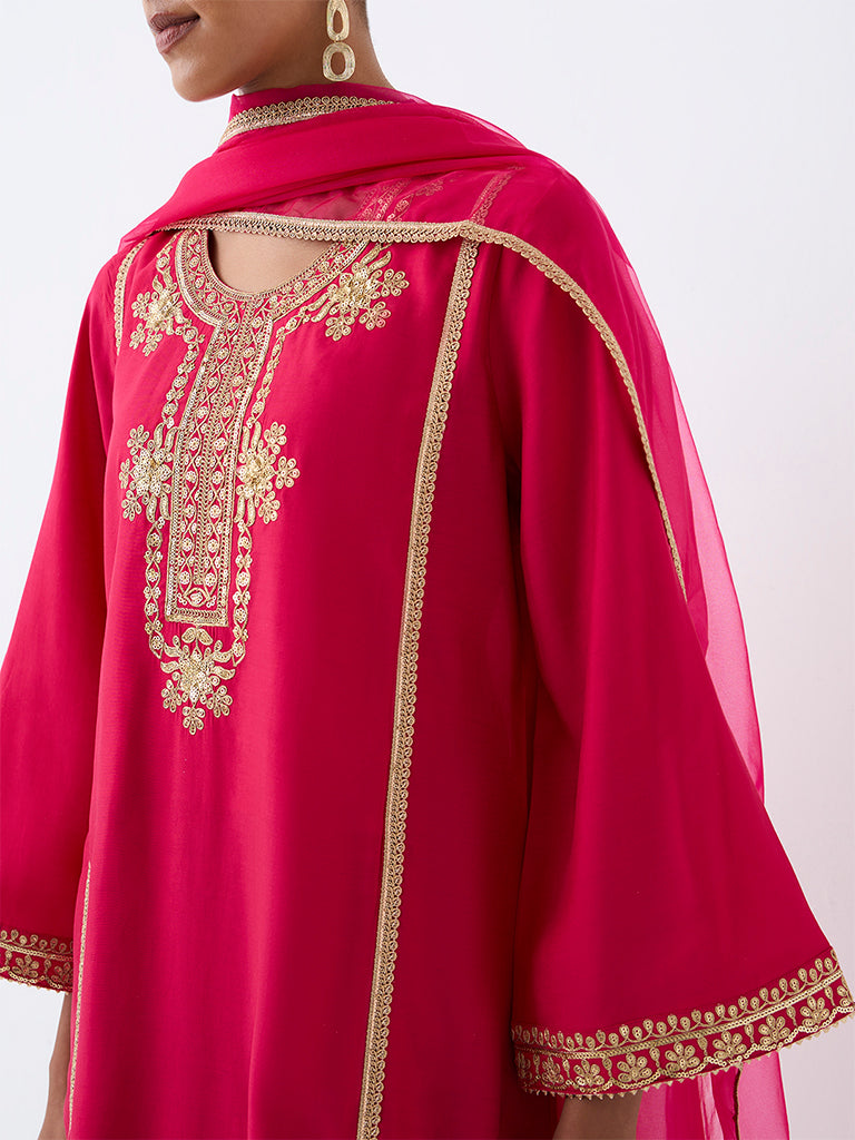 Vark Pink Floral Embroidered A-Line Ethnic Set