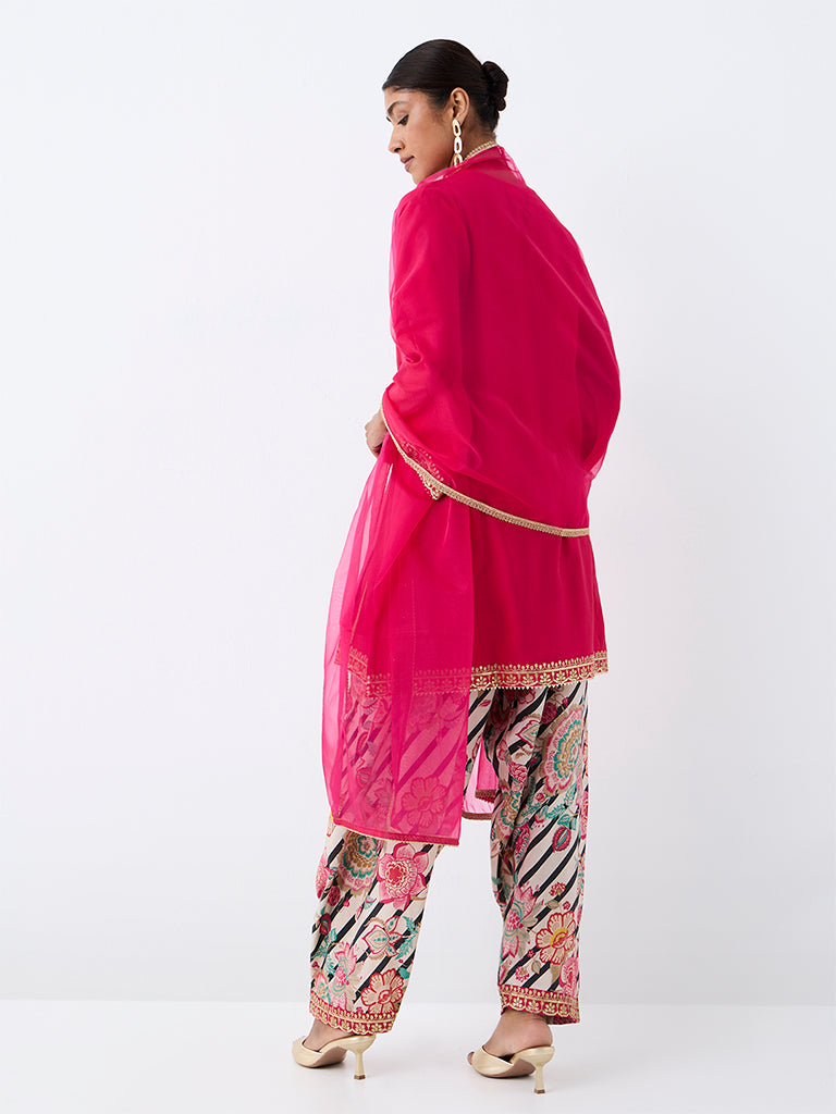 Vark Pink Floral Embroidered A-Line Ethnic Set