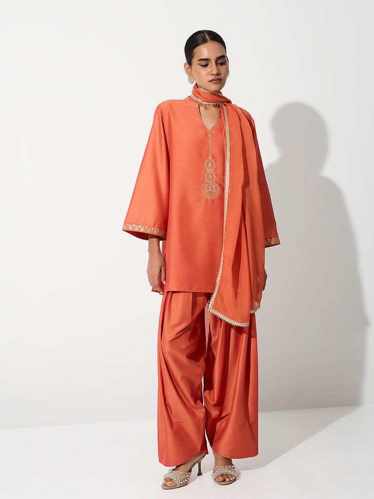 Vark Orange Embroidered Short Kurta and Salwar Ethnic Set