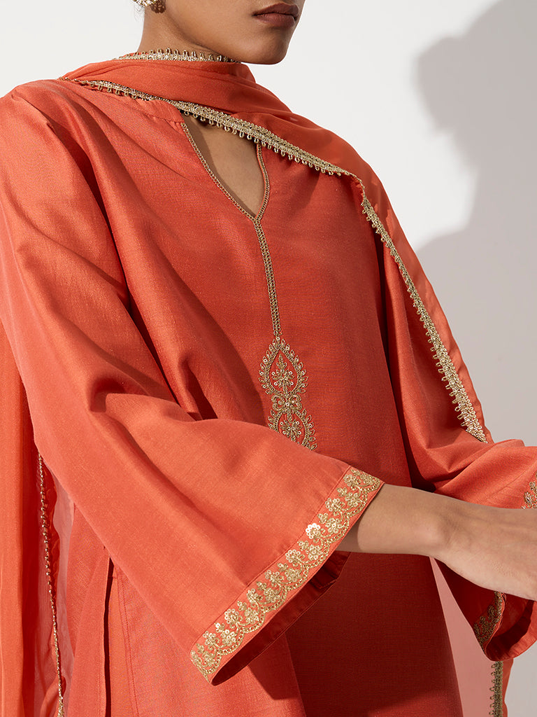 Vark Orange Embroidered Short Kurta and Salwar Ethnic Set