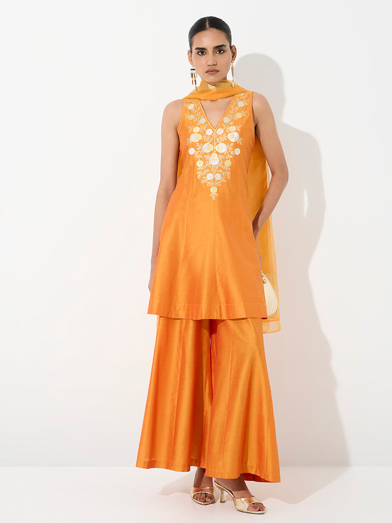 Vark Orange Floral Embroidered A-Line Kurta and Flared Palazzos Set