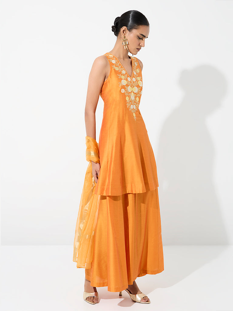 Vark Orange Floral Embroidered A-Line Kurta and Flared Palazzos Set