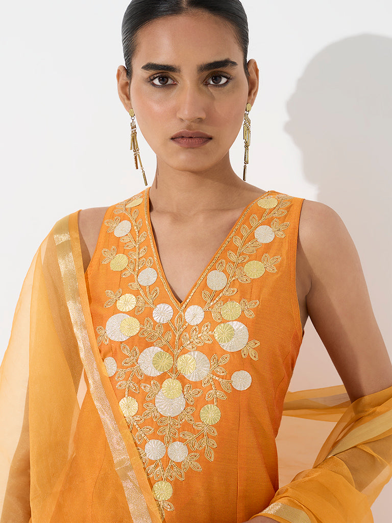 Vark Orange Floral Embroidered A-Line Kurta and Flared Palazzos Set