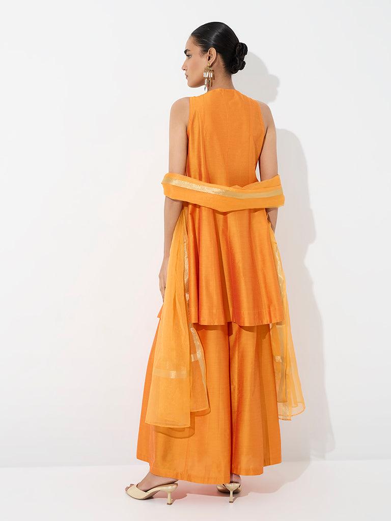 Vark Orange Floral Embroidered A-Line Kurta and Flared Palazzos Set