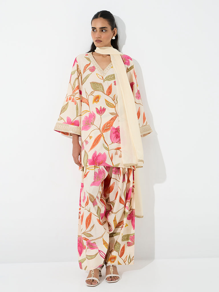 Vark Off-White Floral Printed A-Line Ethnic Set