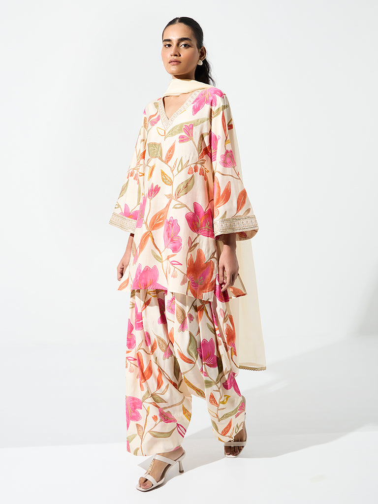 Vark Off-White Floral Printed A-Line Ethnic Set