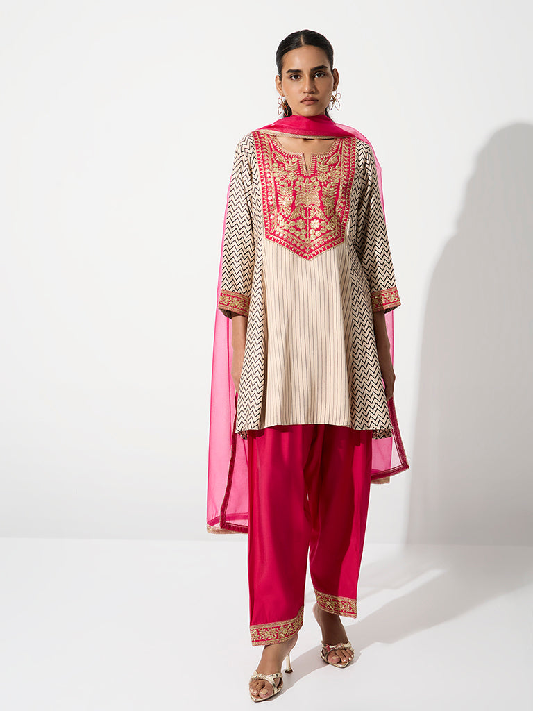 Vark Multicolour Floral Embroidered A-Line Ethnic Set