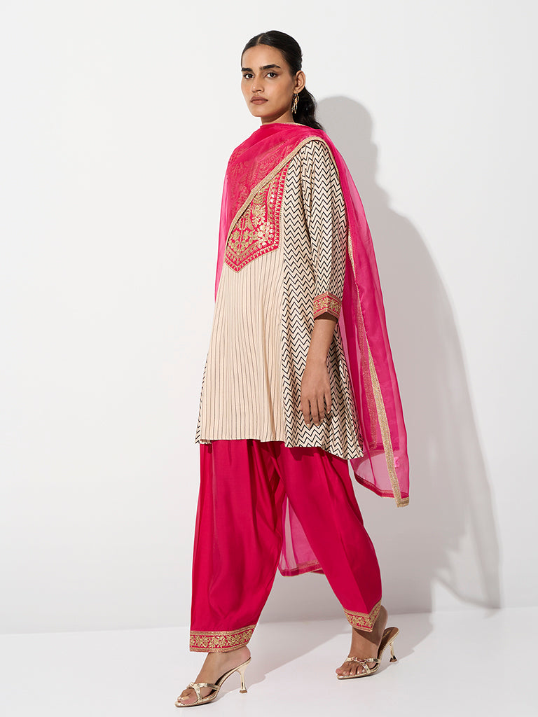 Vark Multicolour Floral Embroidered A-Line Ethnic Set