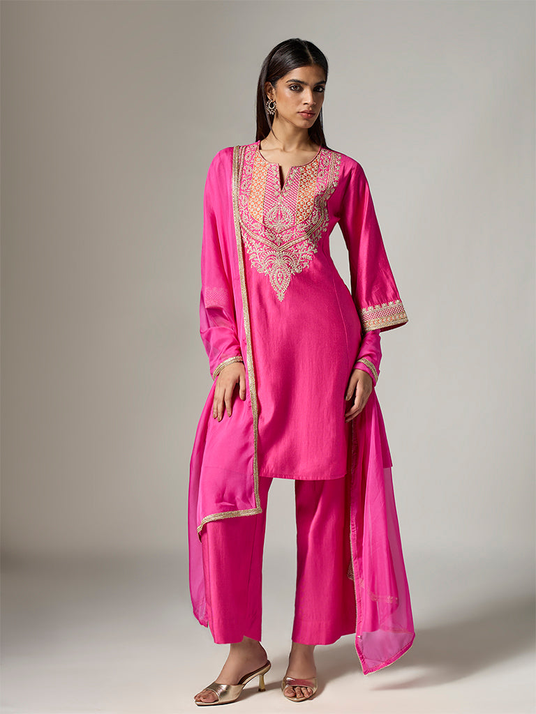 Vark Fuchsia Embellished A-Line Ethnic Set