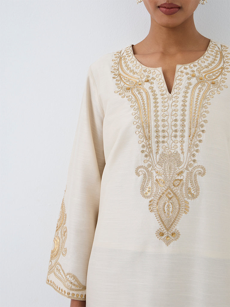 Vark Ivory Paisley Embroidered Straight Kurta
