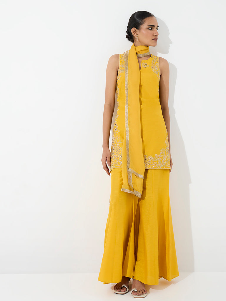 Vark Yellow Floral Embroidered A-Line Ethnic Set